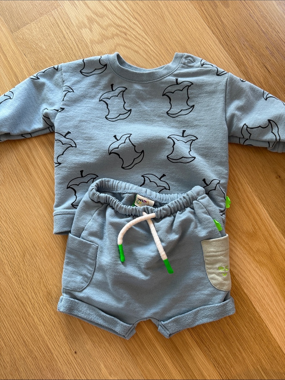 Light Blue Kids Sweatshirt & Shorts Set with Apple Core Print